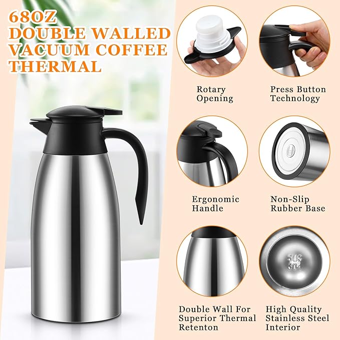 Norme 2 Pcs Thermal Coffee Carafe Insulated Stainless Steel Coffee Carafe for Hot Liquid Vacuum Thermal Pot Creamer Pitcher Dispenser with Brushes Keeping Hot Water Milk(Silver,68 oz) - Bloomnest
