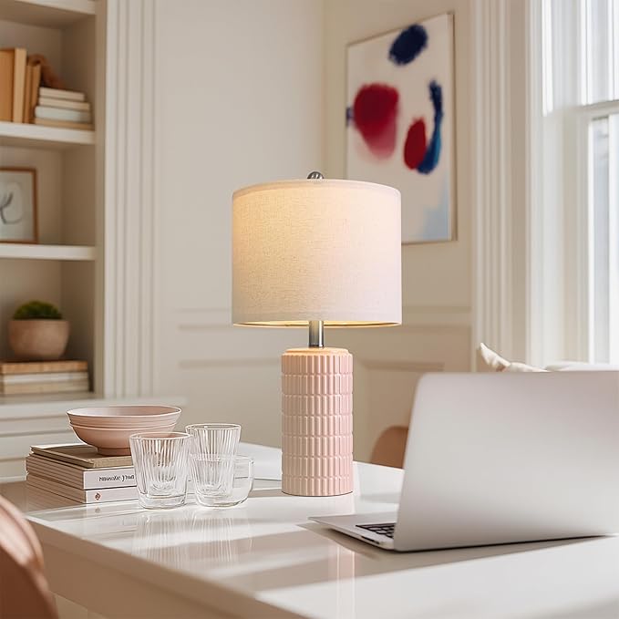 PoKat 20.75" Pink Ceramic Table Lamps Set of 2, Small Modern Bedroom Lamps for Girls Room, Bedside Lamps for Night Stands, Cute Lamps for Living Room Decor, Nightstands Desk Lamp, Light Pink - Bloomnest