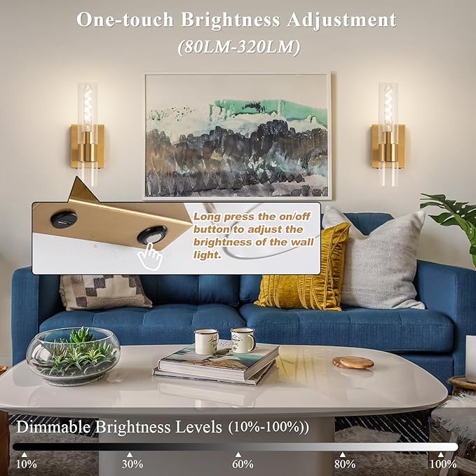 BELS Battery Operated Wall Sconces Set of Two, 13 Inch Gold Wireless Wall Light with Cylinder Clear Glass, Remote Control, Modern Wall Sconce for Bathroom, Bedroom, Living Room, Hallway - Bloomnest