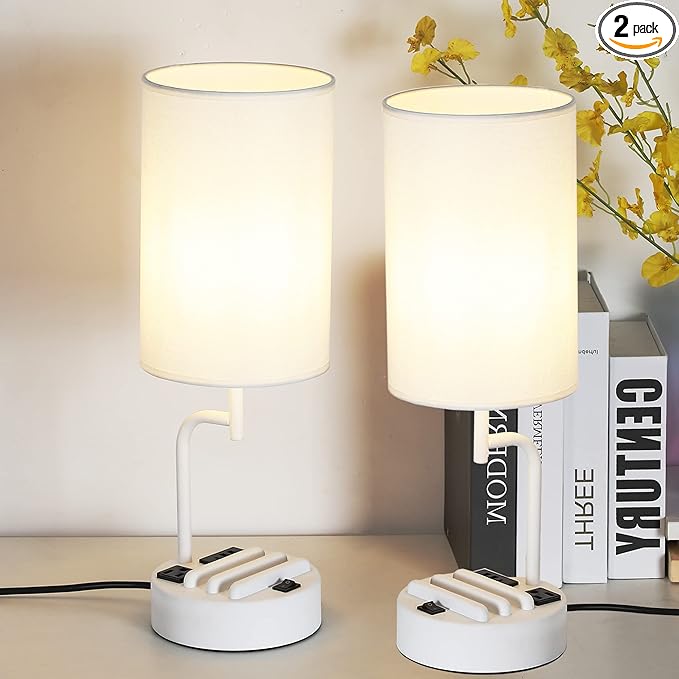 Dreamholder Table Lamp with 3 USB Charging Ports, Modern Desk Lamp with AC Outlet and Phone Stands, Perfect Bedside Lamp for Bedroom, Living Room, Office (Pack of 2), White - Bloomnest