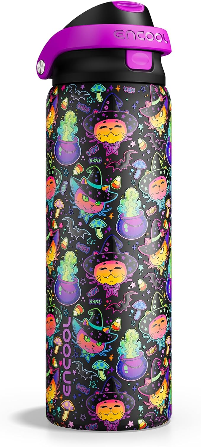 Encool SwiftSip Insulated Stainless Steel Water Bottle with Straw - Leak Proof Sports Water Bottle for School, Travel, Keeps Cold All Day, One-Touch Flip Lid, BPA-Free, 32 oz, Meowgic Night ENCOOL