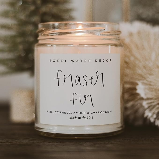 Sweet Water Decor Fraser Fir Candle - Evergreen, Cedar, Winter Holiday Scented Soy Christmas Candles for Home - 9oz Clear Jar, 40 Hour Burn Time, Made in The USA - Bloomnest