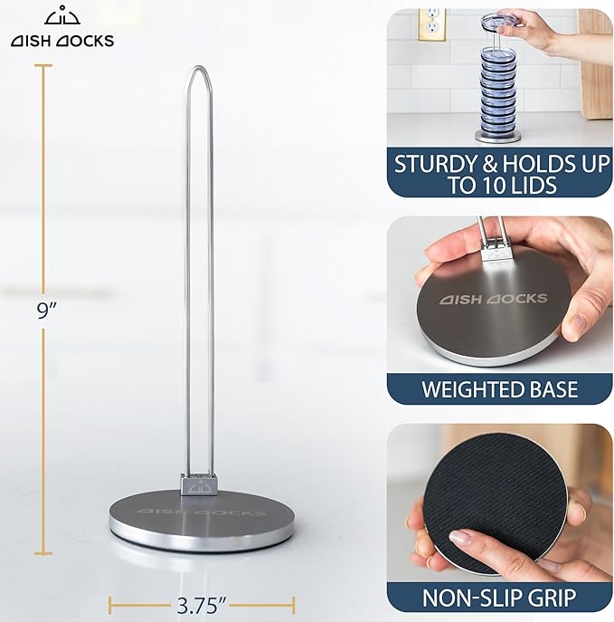 Tumbler Lid Organizer for Cabinet & Countertop - Slim Space-Saving Lid Holder with 9" Sturdy Bar & Weighted, Non-Slip Base - Vertical Storage Cup Lid Organizer - Collapsible Lid Rack for 10 Lids - Bloomnest