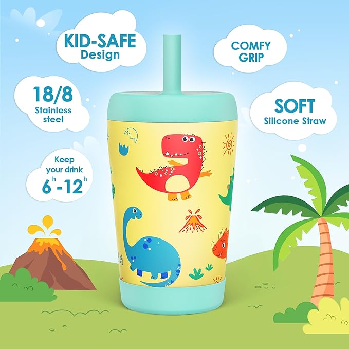 Kid Insulated Stainless Steel Tumbler with Silicone Straw, 12oz Sippy Cup for Kids (Playful Dinosaurs) - Bloomnest