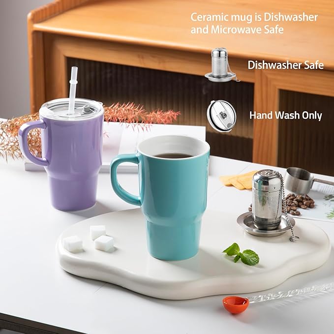 Sweejar Ceramic Travel Mug with Lid, 16 oz Portable Coffee Mug, Dishwasher Safe Tea Cup with Infuser, Reusable Teacup for Car Cup Holder, Tea Lovers(Turquoise) - Bloomnest
