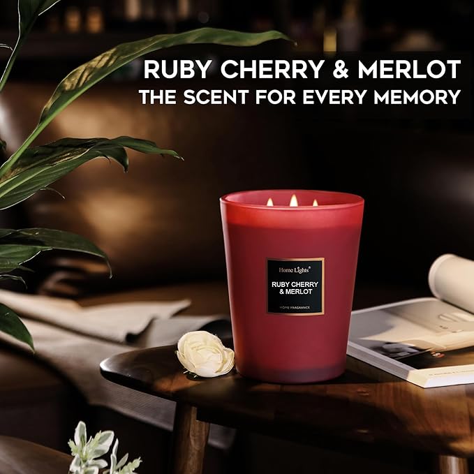 HomeLights Scented Candles - Large Jar Aromatherapy, Natural Soy Wax, 130 Hour Long Burning, Ruby Cherry & Merlot - Bloomnest