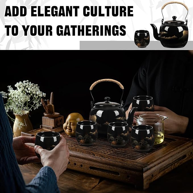 Hushee Japanese Tea Set in Gift Box Asian Porcelain Tea Set with 1 Teapot, 6 Cups, 1 Tray, 1 Stainless Infuser, Black Ceramic Chinese Teapot Christmas Winter Gift for Adult Lover - Bloomnest