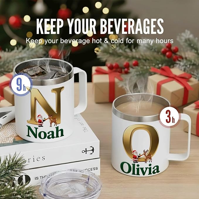 Personalized Christmas Insulated Coffee Mug with Handle – Custom Gold Initial Letter [O] with Santa & Reindeer & Green Name [Olivia] – [Your Brand Name] (B120) - Bloomnest