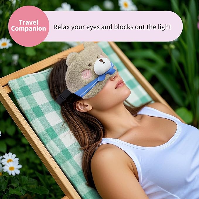 Cute Sleep Eye Masks for Kids, Kawaii Cartoon Kids Sleeping Mask for Women Boys Girls Teens, Soft Plush Adjustable Eyeshade Silk Travel Nap Eye Cover, Blue Bear - Bloomnest