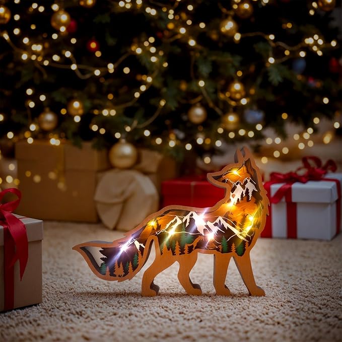 Drawelry 3D Wood Carving Animals Lamp Home Decorative, Cute Bear Family Elephant Presents Ideas Christmas Living Room Office Decor Warm LED Night Lights Gift for Friend Daughter Son Mom Dad (Fox) - Bloomnest