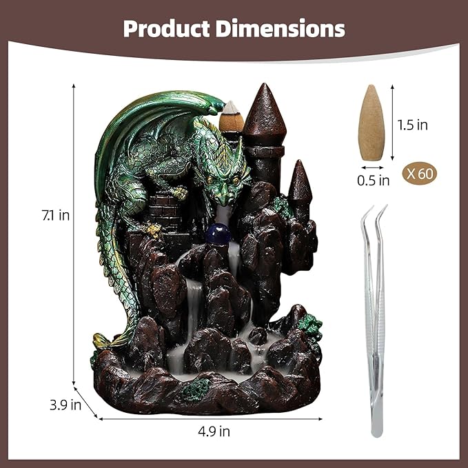 Dragon Backflow Incense Burner, Waterfall Incense Burner Mountain Backflow Incense Holder,Resin Castle and Dragon,Includes 60 Sandalwood Cones and Tweezers,for Home Decoration and Relaxation - Bloomnest