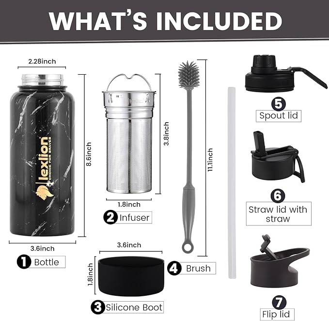 Lexlion Tea Infuser Water Bottle 32 Oz – Triple Wall Insulated Stainless Steel, Loose Leaf & Fruit Strainer, 3 Leakproof Lids, BPA-Free Silicone Sleeve, Reusable Thermal Mug - Bloomnest