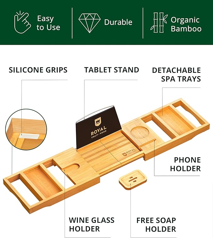 ROYAL CRAFT WOOD Bathtub Tray Caddy for Tub, Bamboo Bath Shelf, Premium Foldable Wood Bath Table, Expandable Bathtub & Bathroom Accessories, New Home Gifts for Mom, Housewarming, Anniversary, Wedding - Bloomnest