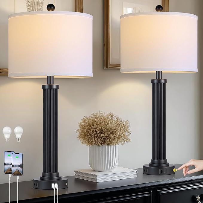 28" Tall Modern Table Lamps Set of 2 with USB C+A Ports and AC Outlet, 3 Way Touch Metal Bedside Lamps for Living Room, Black Nightstand Lamps for Bedroom - Bloomnest