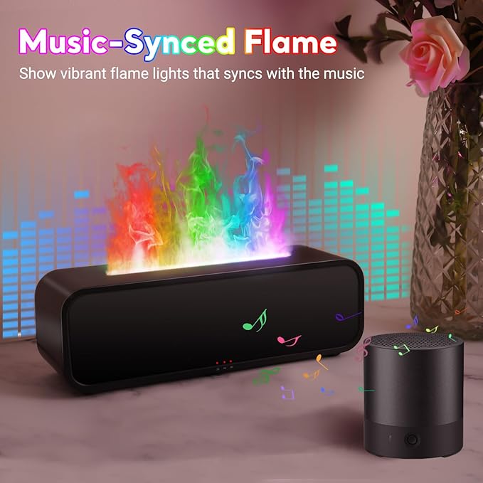 Essential Oil Diffuser, 250ml Flame Oil Diffuser - Aromatherapy Humidifier, Sound Activated Flame Effect, Rainbow Flame, Music Sync, Remote Control - Perfect for Bedroom Home Office Yoga (Black) - Bloomnest
