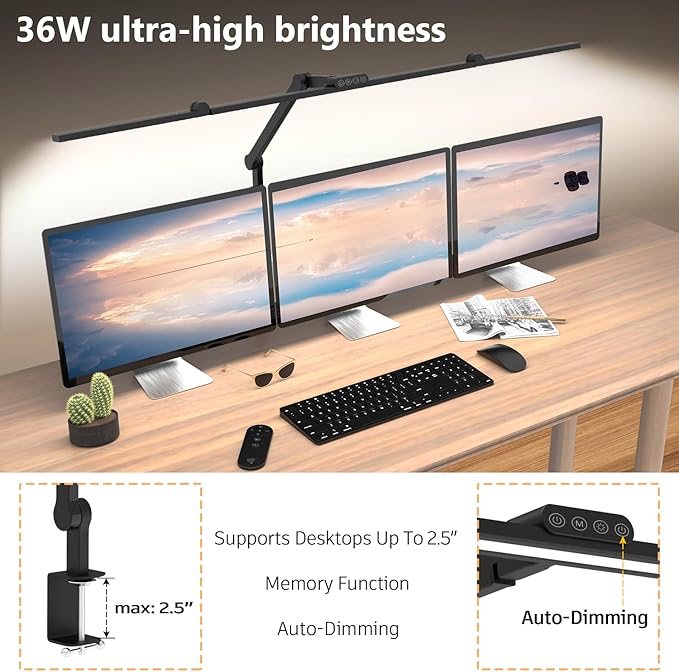 3000 Lumen Ultra Bright Architect Desk Lamp with Clamp, 36W Tall Overhead Led Desk Light for Home Office, 47Inch Long Dimmable Computer Monitor Light Bar with Remote for Table Desktop Drafting - Bloomnest