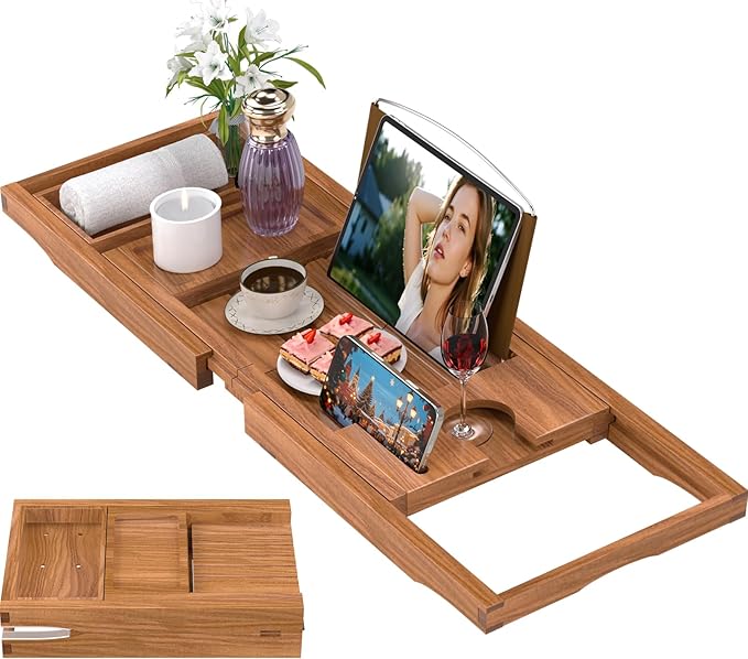 Premium Teak Bathtub Tray Caddy, Expandable Wooden Bath Tray for Tub,Luxury Bathroom Accessories,Great House Warming, Anniversary & Wedding and Birthday Gifts - Bloomnest