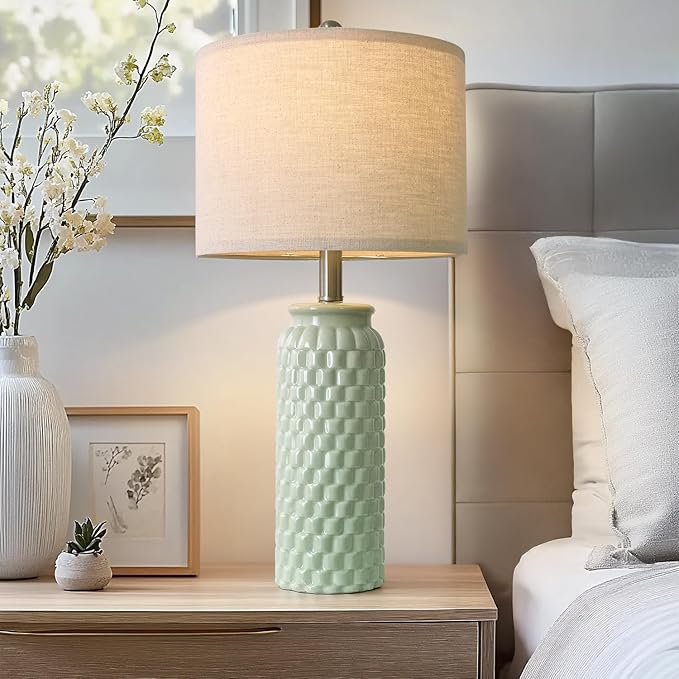 24" Modern Ceramic Green Bedside Lamp Set of 2 Table Lamp for Bedroom Decor Farmhouse Table Lamp for Living Room Office Dorm - Bloomnest