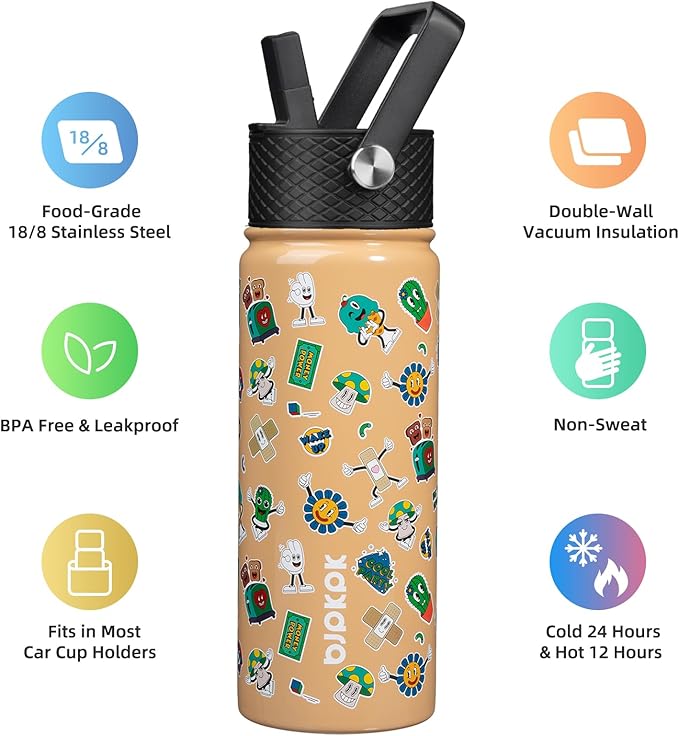 BJPKPK Insulated Water Bottle with Straw Lid, 18 oz Stainless Steel Metal Water Bottles, Reusable Leak Proof BPA Free Water Bottles, Cups, Thermo, Spring Party-Brown - Bloomnest