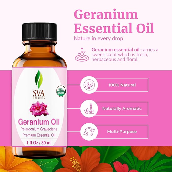 SVA Geranium Essential Oil Organic – 1 Fl Oz – 100% Natural Organic Geranium Oil - for Diffuser, Hair Care, Face, Skin Care, Aromatherapy, Scalp and Body Massage, Soap and Candle making – with Dropper - Bloomnest