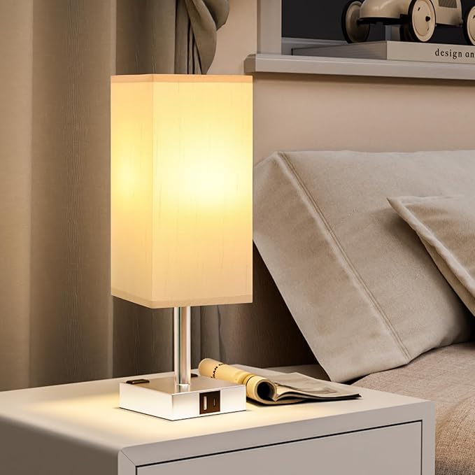 Touch Bedside Table Lamp for Nightstand - 3-Way Dimmable Night Lamp with USB A + Type C Charging Ports and Two AC Outlets, Small Desk Light with E26 LED Bulb for Bedroom Living Room Dorm Office - Bloomnest