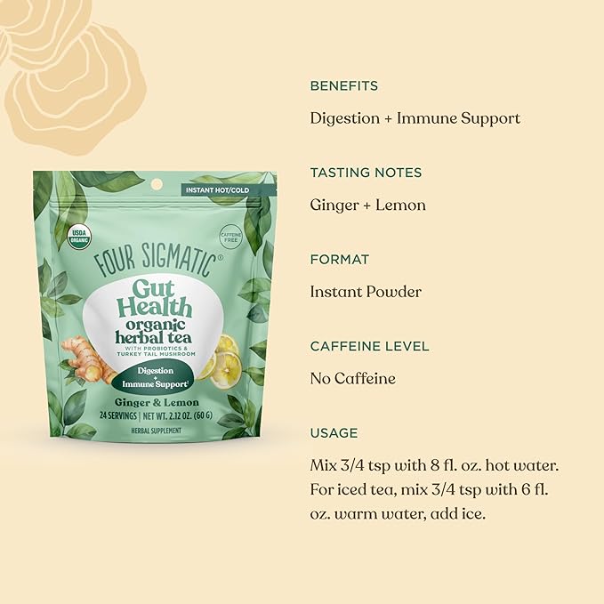 Four Sigmatic Gut Health Organic Herbal Tea | Organic Lemon Ginger Tea with Probiotics & Turkey Tail Mushroom | Instant Digestive Tea | Vegan, Gluten-Free | Lemon Ginger, 24 Servings - Bloomnest