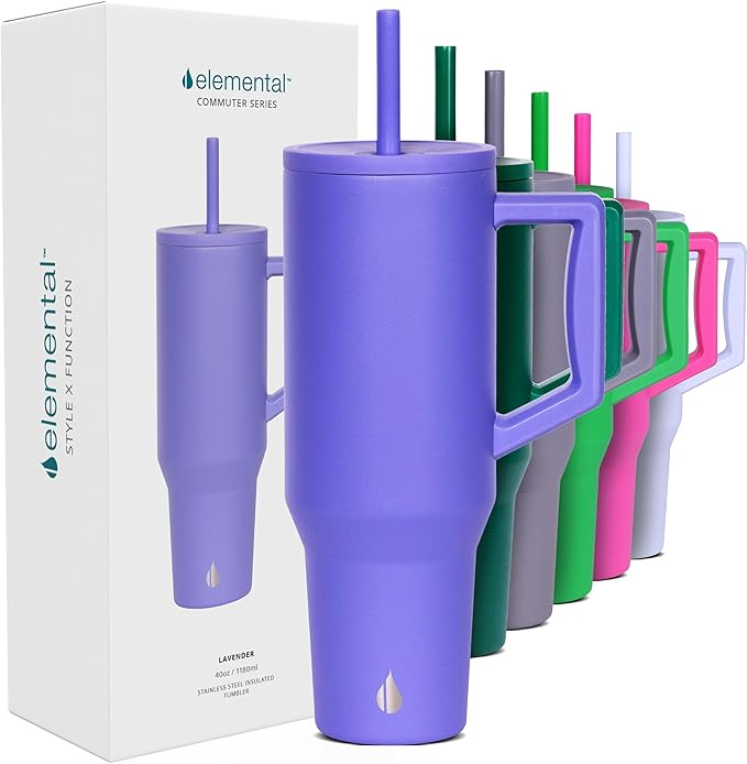 Elemental 40 oz Tumbler with Handle and Straw - Spill Proof Insulated Stainless Steel Commuter for Hot and Cold Beverages - Travel Coffee Mug with 2 Straws & Spill Proof Lid - 40oz - Lavender - Bloomnest