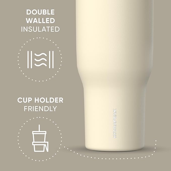 Hydrapeak Voyager 40 Oz Stainless Steel Tumbler with Handle, Insulated Water Bottle With Straw & Lid, Cupholder Friendly Reusable Travel Mug (Modern Cream) - Bloomnest