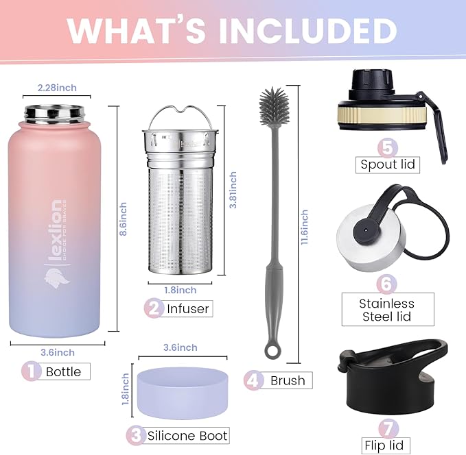 Lexlion Tea Infuser Water Bottle 32 Oz – Triple Wall Insulated Stainless Steel, Loose Leaf & Fruit Strainer, 3 Leakproof Lids, BPA-Free Silicone Sleeve, Reusable Thermal Mug - Bloomnest