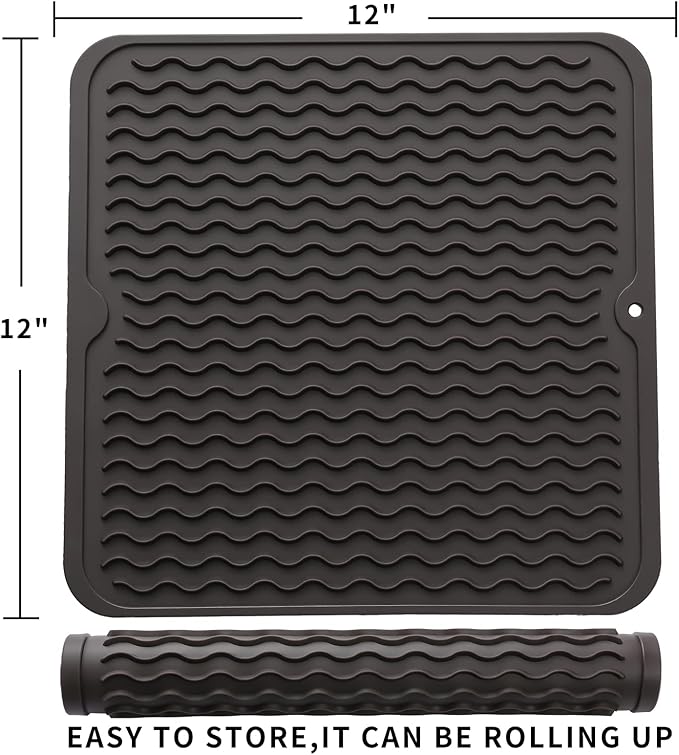 Silicone Dish Drying Mat for Multiple Usage,Easy clean,Eco-friendly,Heat-resistant Silicone Mat for Kitchen Counter or Sink,Refrigerator or Drawer liner Coffee M 12 inches x 12 inches - Bloomnest