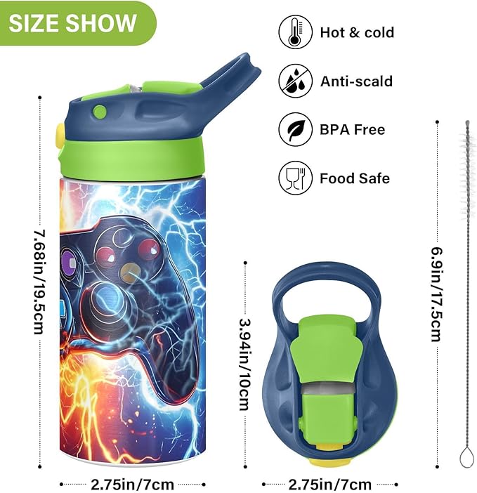 Game Controller Fire Electric Spark Kids Water Bottle with Straw Lid Insulated Tumbler with Handle Stainless Steel Reusable Toddlers Cup for Kids Boys 12 oz - Bloomnest