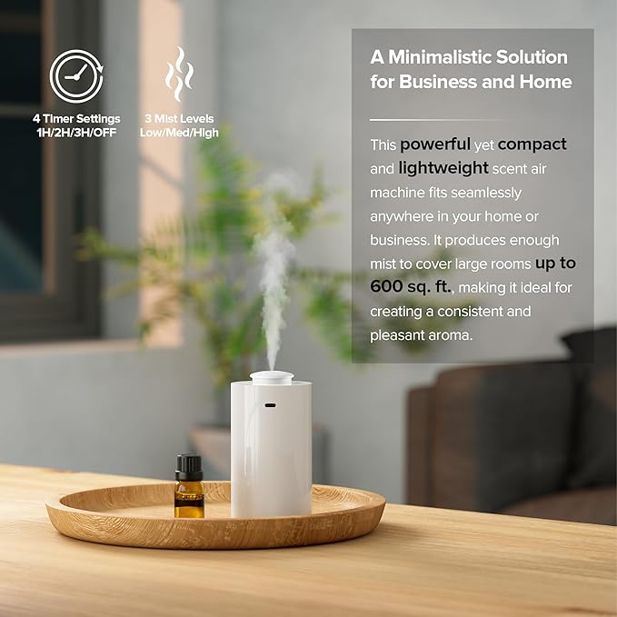 Waterless Essential Oil Diffuser for Home Aromatherapy Car Nebulizing Diffuser Battery Operated 5-20mL Mini Scent Air Machine Up to 600 Sq.Ft. 4Timer 3 Mist-Level (AN7 White) - Bloomnest