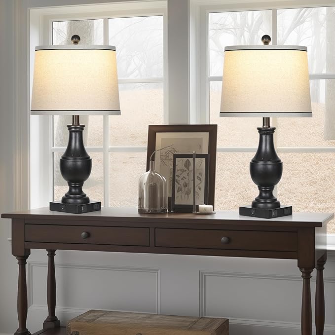 Table Lamps for Living Room Set of 2, Farmhouse Vintage Table Lamp with USB A+C Charging Ports & AC Outlet, 25" Black Rustic Traditional Lamps for Bedroom Nightstand Desk(2 LED Bulbs Included) - Bloomnest