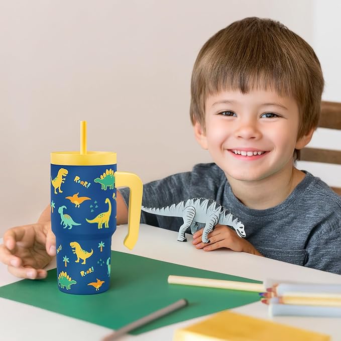 Dinosaur Tumbler 20oz with Handle and Silicone Straw Lid for Kid, Insulated Stainless Steel Cup, Gift for Kids Boys, Gifts Idea for Birthday Christmas Back to School - Bloomnest