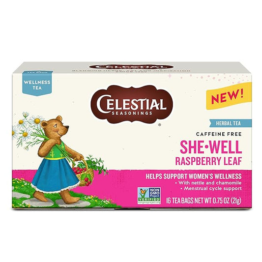 Celestial Seasonings SheWell Raspberry Leaf Wellness Tea, Caffeine Free, 16 Tea Bags Box - Bloomnest