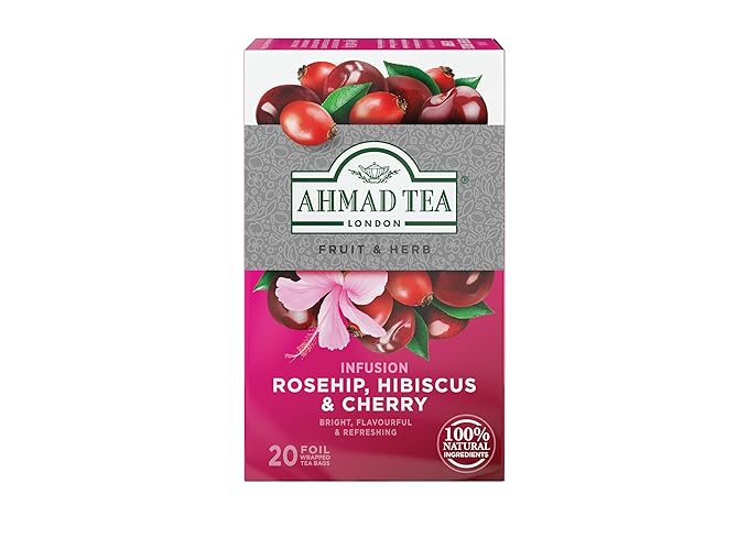 Ahmad Tea Herbal Tea, Rosehip, Hibiscus, & Cherry, 20 ct (Pack of 1) - Decaffeinated & Sugar-Free - Bloomnest