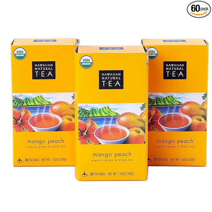 Hawaiian Natural Tea Mango Peach Flavored Organic Tea - Tropical Fruit Green and Black Tea Blend - Perfect Daily Cup & Gift for Special Occasions - 60 Tea Bags - Bloomnest