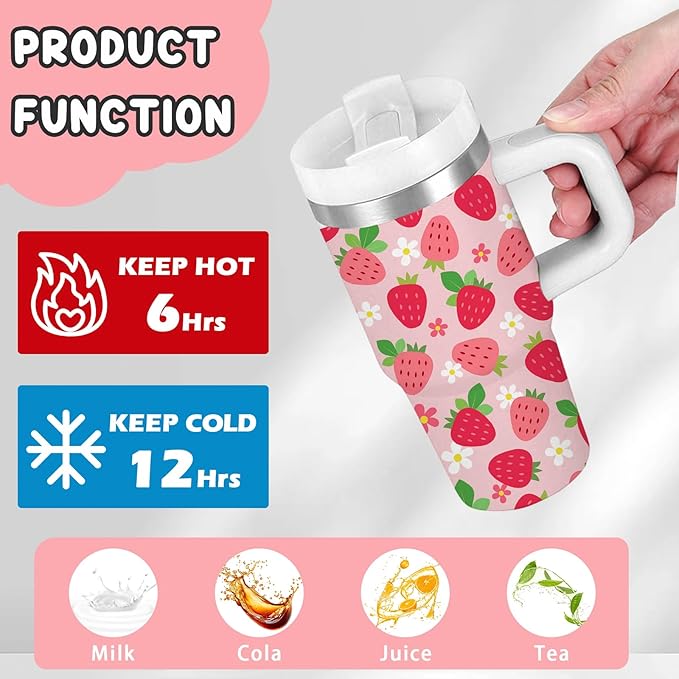 Strawberry Gifts for Girls - 14oz Pink Kids Strawberry Tumbler with Handle and Straw, Stainless Steel Insulated Water Cup, for School, Travel - Strawberries Themed Children Birthday Gift Cup(1pc) - Bloomnest
