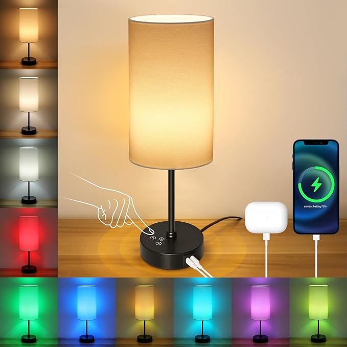Unicozin 17Inch Table Lamp, 3 CCT 3000K/4500K/6500K & RGB Color Changing, Stepless Dimmable Bedside Lamp for Reading, Ambience Nightstand Light for Home Decor Party, Cream Shade - Bloomnest