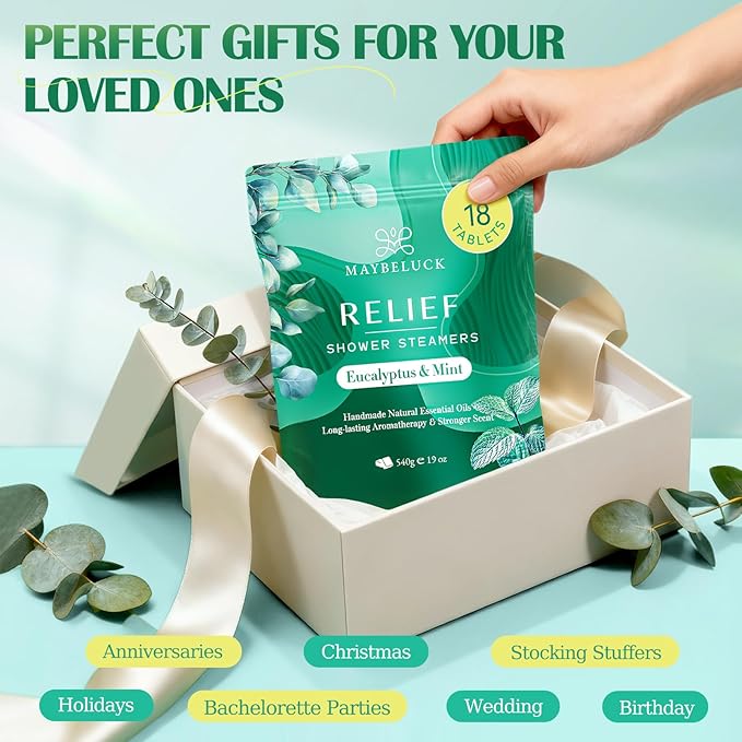 Eucalyptus Mint Shower Steamers 18 Pack - Eucalyptus for Shower, Valentines Day Gifts for Him & Her, Natural Essential Oil Bombs for Home Spa & Self Care Relaxation, Includes Easy Opener