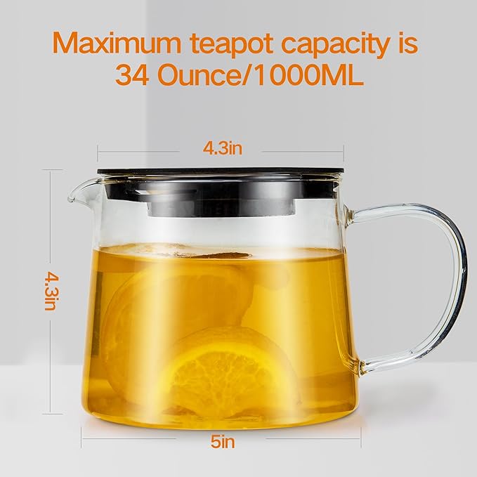 Glass Teapot 34oz/1000ml with Removable Stainless Steel Infuser Tea pot, Heatproof Borosilicate Glass Tea Make, Stovetop Safe Glass Tea Kettle for Loose and Blooming Leaf Tea - Bloomnest