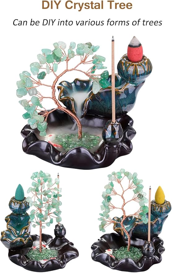 Jovivi Backflow Incense Burner Ceramic Incense Waterfall, Natural Green Aventurine Healing Crystal Money Tree Incense Holder for Wealth, Good Luck, Yoga Meditation, Home Decor - Bloomnest