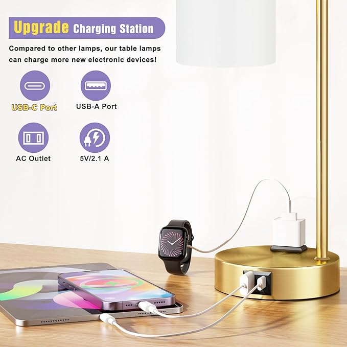Innqoo Industrial Gold Table Lamps for Bedrooms Set of 2-3-Way Dimmable Desk Lamp with USB C+A Ports and Outlet, Gold Lamps with Opal Glass Shade for Living Room, Desk Lamps for Home Office - Bloomnest