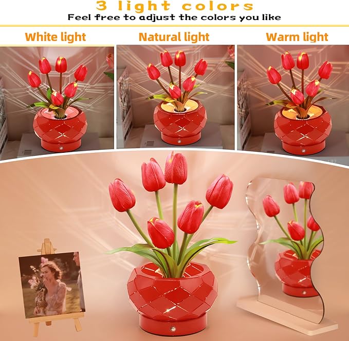 Birthday Gifts for Women,Tulips Flower Touch Lamp,Rechargeable Cordless Lamps 3-Colour Dimming Small Night Light for Festival,Restaurant,Bedroom,Office Home Decor Gifts for Mom - Bloomnest