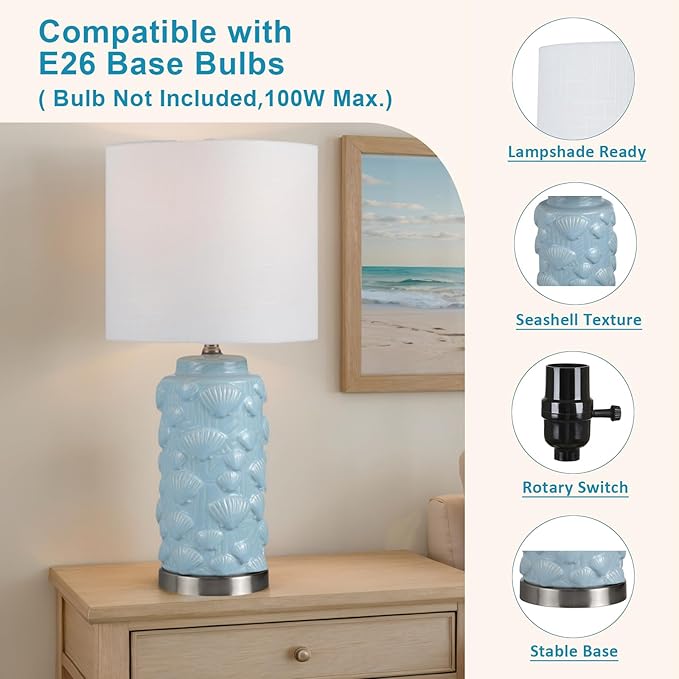 Crestview Collection Ceramic Coastal Table Lamp,23" Blue Seashell Lamp with Linen Shade, Ocean Nautical Home Decor for Nightstands or End Tables, Beach Style Lamp for Bedroom, Living Room, or Entryway - Bloomnest