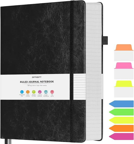 College Ruled Notebook, Large B5 Lined Journal Notebook, 314 Numbered Pages Work Notebook with Index Stickers, 100gsm Thick Paper, Hardcover Vegan Leather Journal for Women Men School Office, Black - Bloomnest