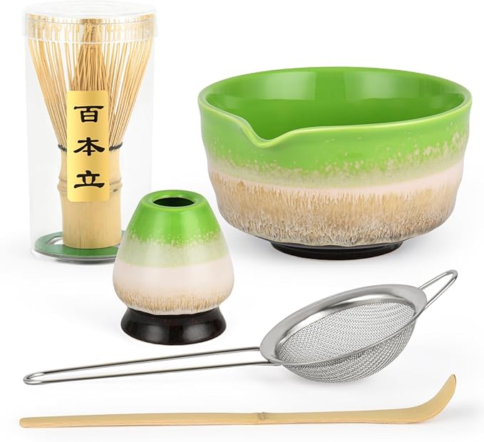 Matcha Whisk Set,Bamboo Chasen Whisk,Green Matcha Bowl with Spout, Chashaku Scoop, Sifter,Matcha Whisk and Holder – 5 PCS Matcha Kit for Matcha Lovers Making Latte Drinks,Gift for Starters Lovers - Bloomnest