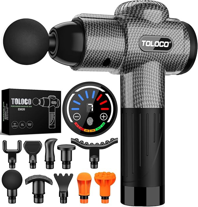 TOLOCO Massage Gun, Deep Tissue Back Massage for Athletes for Pain Relief, Percussion Massager with 10 Massages Heads & Silent Brushless Motor, Carbon - Bloomnest