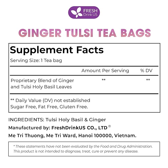 FreshDrinkUS, Premium 35 Ginger Tulsi Tea Bags, 100% Natural, Hand-made Blend of Ginger and Tulsi Holy Basil Leaves, Eco-conscious Tea Bags. Ginger Tulsi Herbal Tea. No Sugar, No Caffeine, Vegan. - Bloomnest
