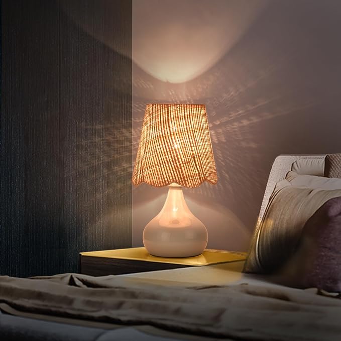 Light Blue Boho Small Table Lamp for Small Spaces, Small Rattan Shade Bedside Lamp for Bedroom, Cute Nightstand Light for Bedside, Kitchen Counter, Bookshelf Lamp, Home Office, Living Room, Dorm - Bloomnest